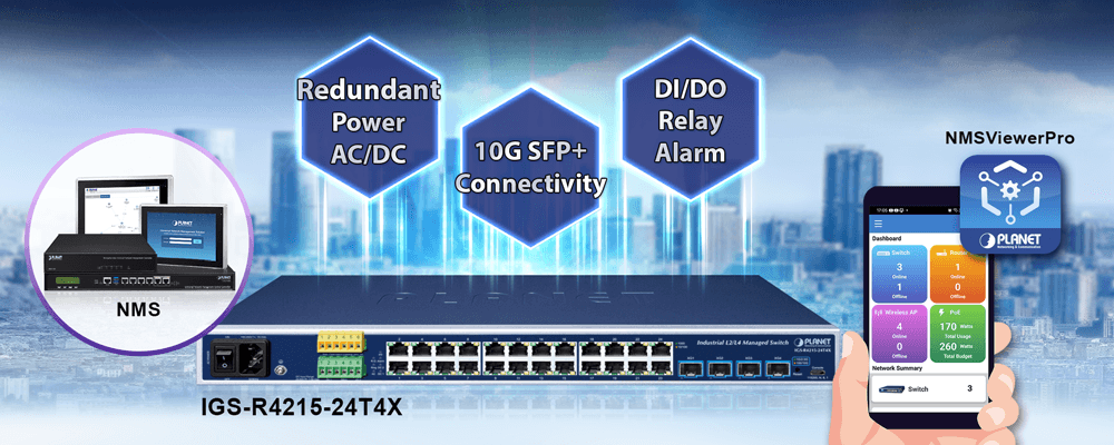 PLANET IGS-R4215-24T4X – Switch công nghiệp L2+ quản lý, 24 cổng Gigabit + 4 cổng 10G SFP+ gắn rack